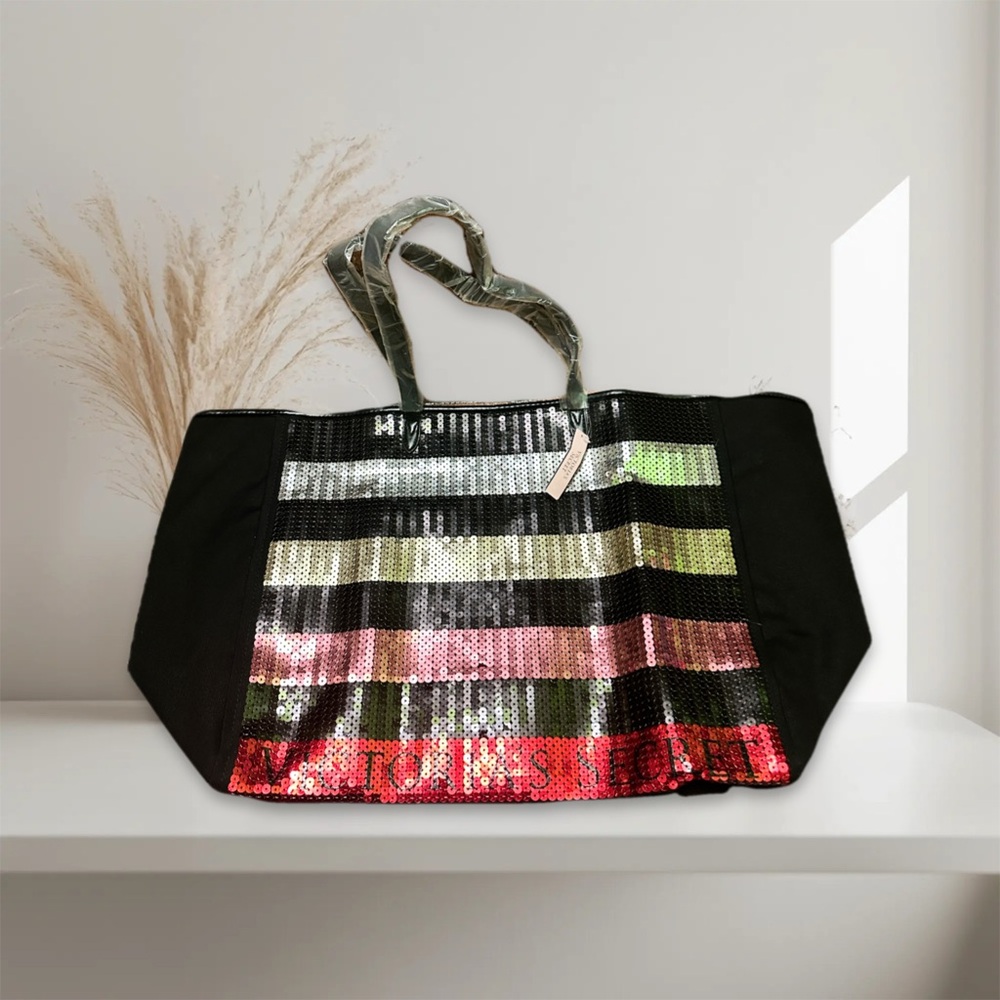 Victoria's Secret Sequin Black and Pink Striped Tote
